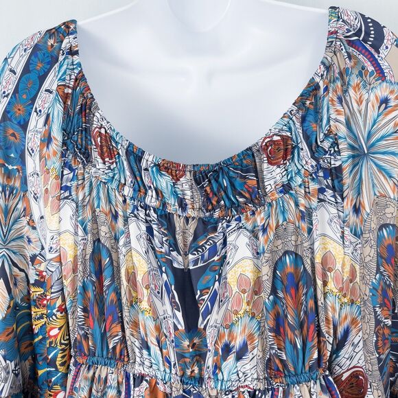 Boston Proper Royal Peacock Flare Sleeve Mini Dress Size Small Abstract Boho - Picture 13 of 16